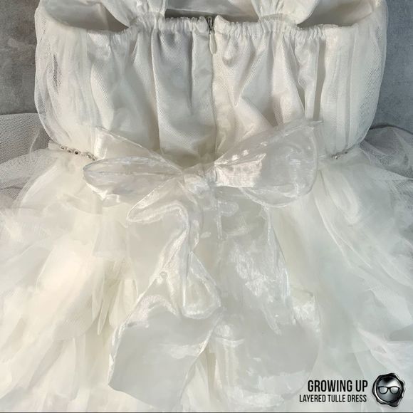 LAYERED MESH TULE PARTY DRESS IN OFF WHITE TEA LENGTH EMPIRE WAIST GIRLS SIZE 4 - Picture 10 of 15